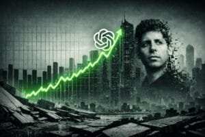 A pixelated male face appears next to a green upward graph line and the OpenAI logo, set against a cityscape with ruined foreground structures.