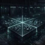 A futuristic, dark room with a glowing, cross-shaped platform displaying clusters of small blocks, representing digital or data processing technology.