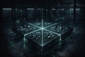 A futuristic, dark room with a glowing, cross-shaped platform displaying clusters of small blocks, representing digital or data processing technology.