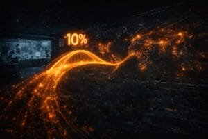 Orange digital graphic of a rising curve marked “10%,” connecting a laboratory scene to a world map with glowing network lines, suggesting global data or scientific progress.