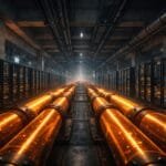 A large data center with glowing orange pipelines running down the center, flanked by rows of illuminated server racks in an industrial setting.