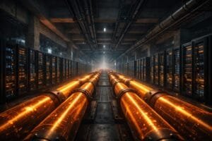 A large data center with glowing orange pipelines running down the center, flanked by rows of illuminated server racks in an industrial setting.