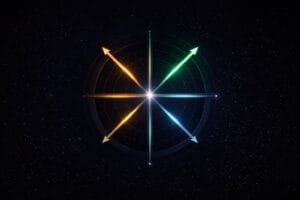 A circular diagram with eight colored arrows radiating from the center, set against a dark, starry background.