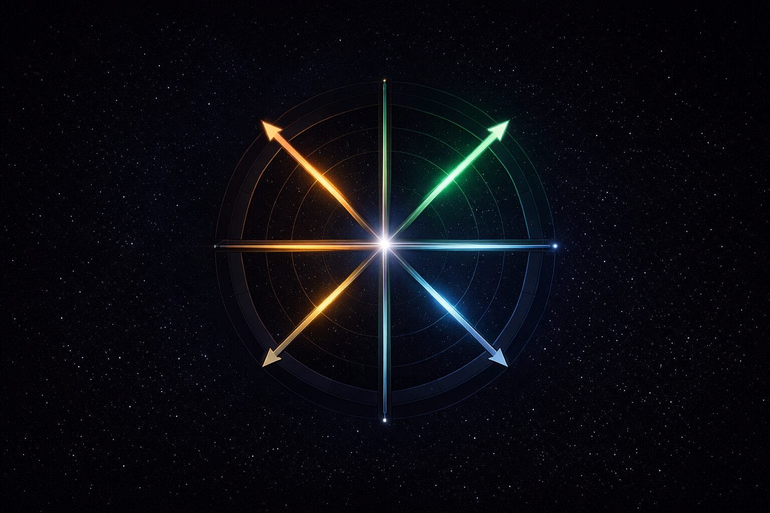 A circular diagram with eight colored arrows radiating from the center, set against a dark, starry background.
