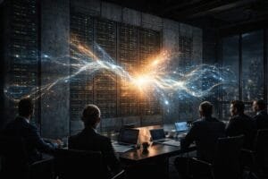 Five people in suits sit at a conference table with laptops, observing a glowing digital visualization emerging from large server racks in a dark office.