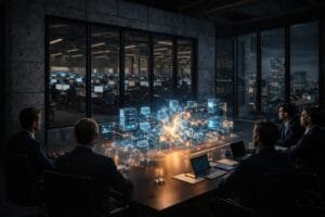 Six people in business attire sit around a conference table viewing a digital hologram of interconnected networks and buildings, with an office and cityscape visible through large windows.