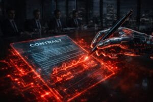 A robotic hand signs a glowing digital contract labeled “FAILURE,” in a dark conference room with blurred people in the background.