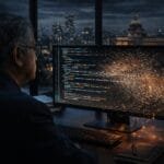 A person sits at a desk in an office at night, viewing colorful code on a computer monitor with a digital particle effect, cityscape visible through the window.