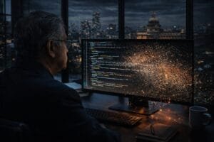 A person sits at a desk in an office at night, viewing colorful code on a computer monitor with a digital particle effect, cityscape visible through the window.