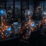 Four people sit at a conference table in a high-rise office at night, with digital neural network graphics superimposed on their bodies, suggesting artificial intelligence integration.