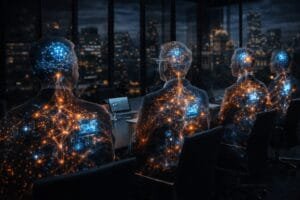 Four people sit at a conference table in a high-rise office at night, with digital neural network graphics superimposed on their bodies, suggesting artificial intelligence integration.