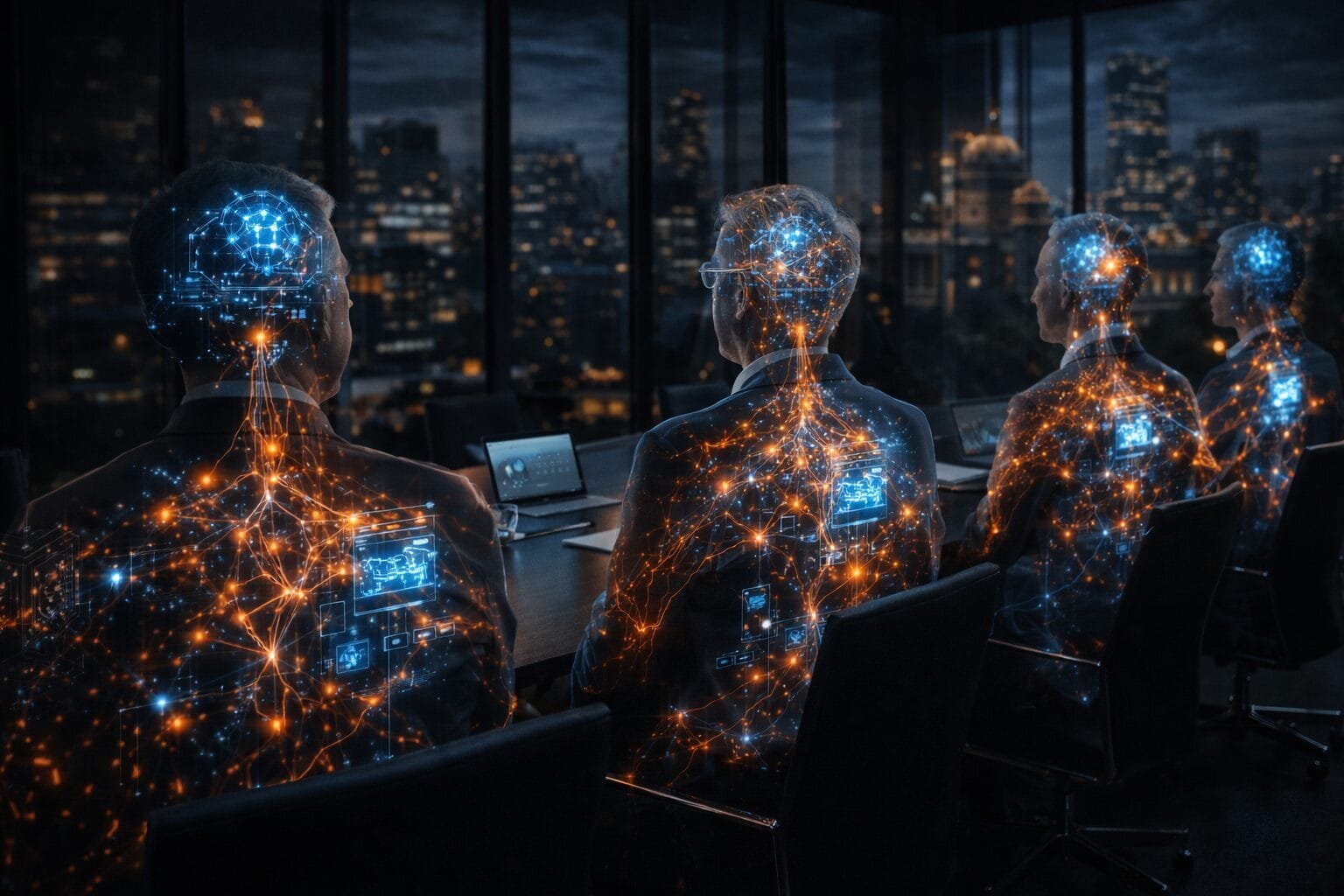 Four people sit at a conference table in a high-rise office at night, with digital neural network graphics superimposed on their bodies, suggesting artificial intelligence integration.