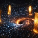 Five glowing golden monoliths stand around a swirling black hole in a star-filled space scene.