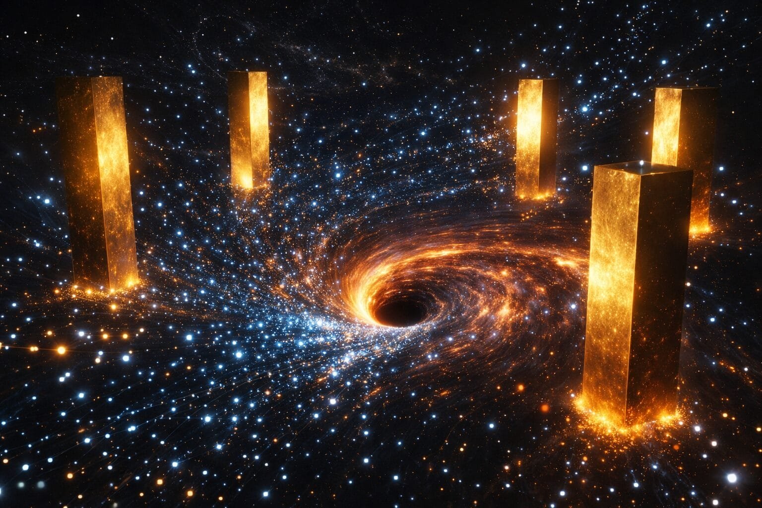 Five glowing golden monoliths stand around a swirling black hole in a star-filled space scene.
