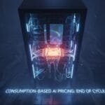A glowing server rack with wires and circuit boards is shown in a dark server room, with text below reading, "CONSUMPTION-BASED AI PRICING: END OF CYCLE.