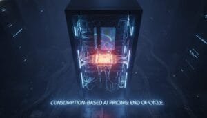 A glowing server rack with wires and circuit boards is shown in a dark server room, with text below reading, "CONSUMPTION-BASED AI PRICING: END OF CYCLE.