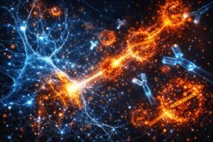 Digital illustration of neural networks interacting with antibodies, represented by blue and orange connections, glowing synapses, and labeled molecules in a high-tech, microscopic style.