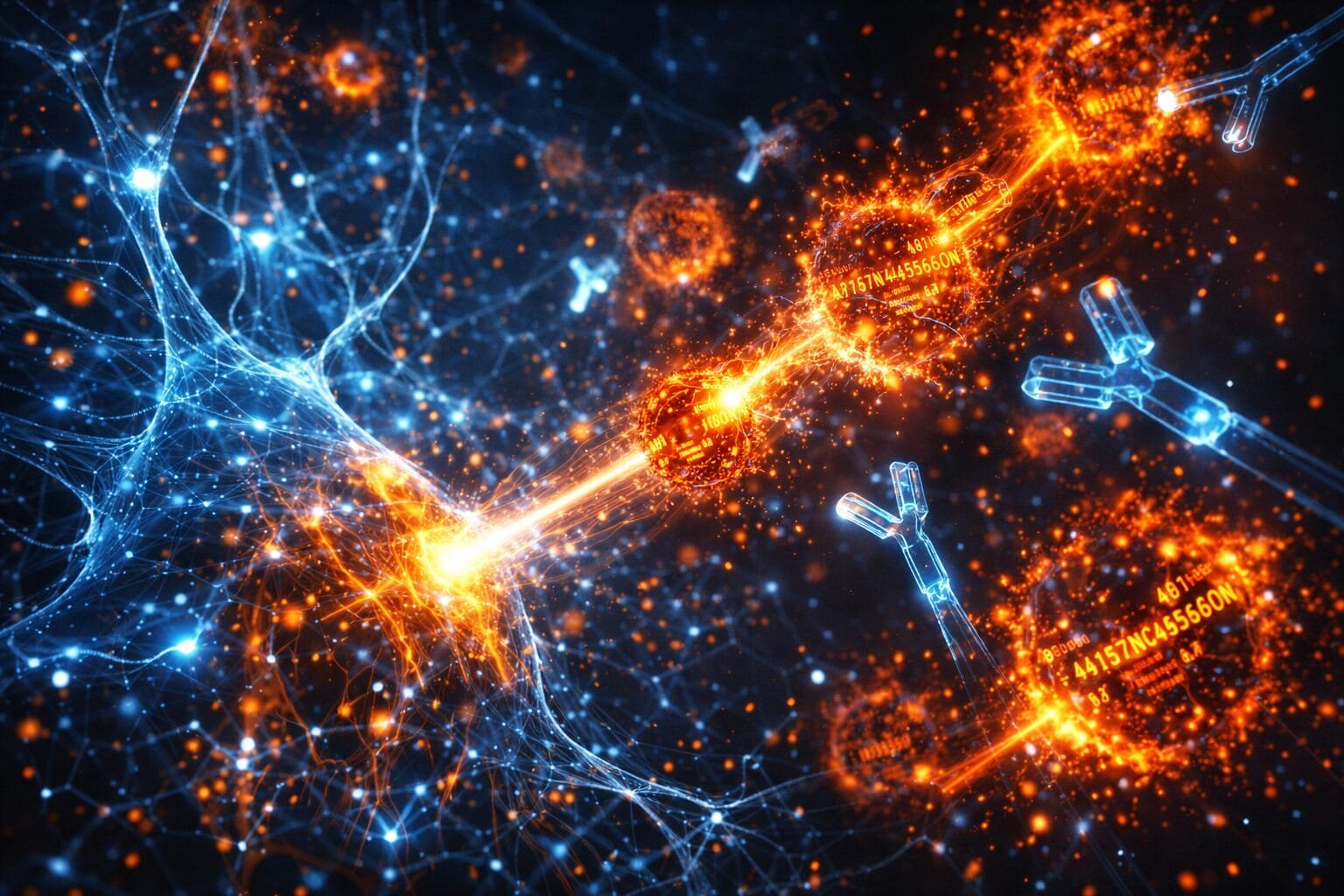 Digital illustration of neural networks interacting with antibodies, represented by blue and orange connections, glowing synapses, and labeled molecules in a high-tech, microscopic style.