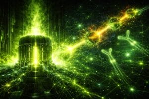A glowing green futuristic machine emits energy, with bright particles and abstract molecular structures connected by light beams, set in a digital, high-tech environment.