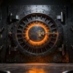 A large, circular steel vault door with glowing orange accents is set in a dark, secure room with heavy chains and metal bars.