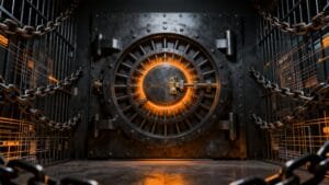 A large, circular steel vault door with glowing orange accents is set in a dark, secure room with heavy chains and metal bars.