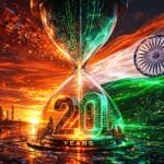 A digital hourglass with “20 years” inside, set against the Indian flag and the Taj Mahal at sunset, featuring vibrant, futuristic lighting effects.