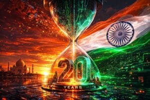A digital hourglass with “20 years” inside, set against the Indian flag and the Taj Mahal at sunset, featuring vibrant, futuristic lighting effects.