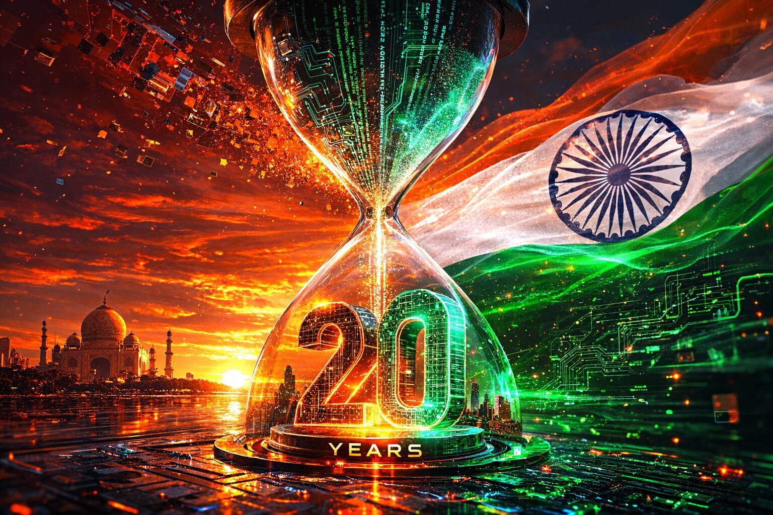 A digital hourglass with “20 years” inside, set against the Indian flag and the Taj Mahal at sunset, featuring vibrant, futuristic lighting effects.