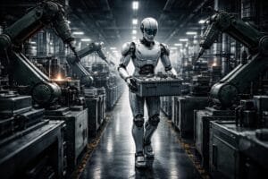 A humanoid robot carries a bin in the center of an industrial factory, surrounded by robotic arms assembling machinery.