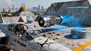 A jet labeled "LLM Wrapper" with a cracked cockpit sits on a platform; a glowing digital engine labeled "Autonomous Workflow Engine" hovers nearby with mechanical parts and circuitry.