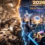 A split image showing a crowded, cluttered 2010 back office on the left and a modern 2026 AI command center in Bangalore on the right, highlighting salary increases and technological advancement.