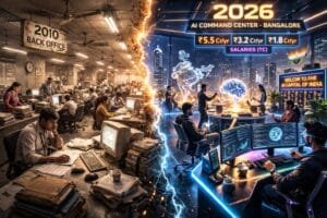 A split image showing a crowded, cluttered 2010 back office on the left and a modern 2026 AI command center in Bangalore on the right, highlighting salary increases and technological advancement.