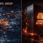 A digital graphic shows a 59% drop on the left with scattered lights, and a glowing "India Stack" icon on a dark server-like structure on the right.