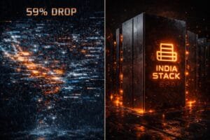 A digital graphic shows a 59% drop on the left with scattered lights, and a glowing "India Stack" icon on a dark server-like structure on the right.