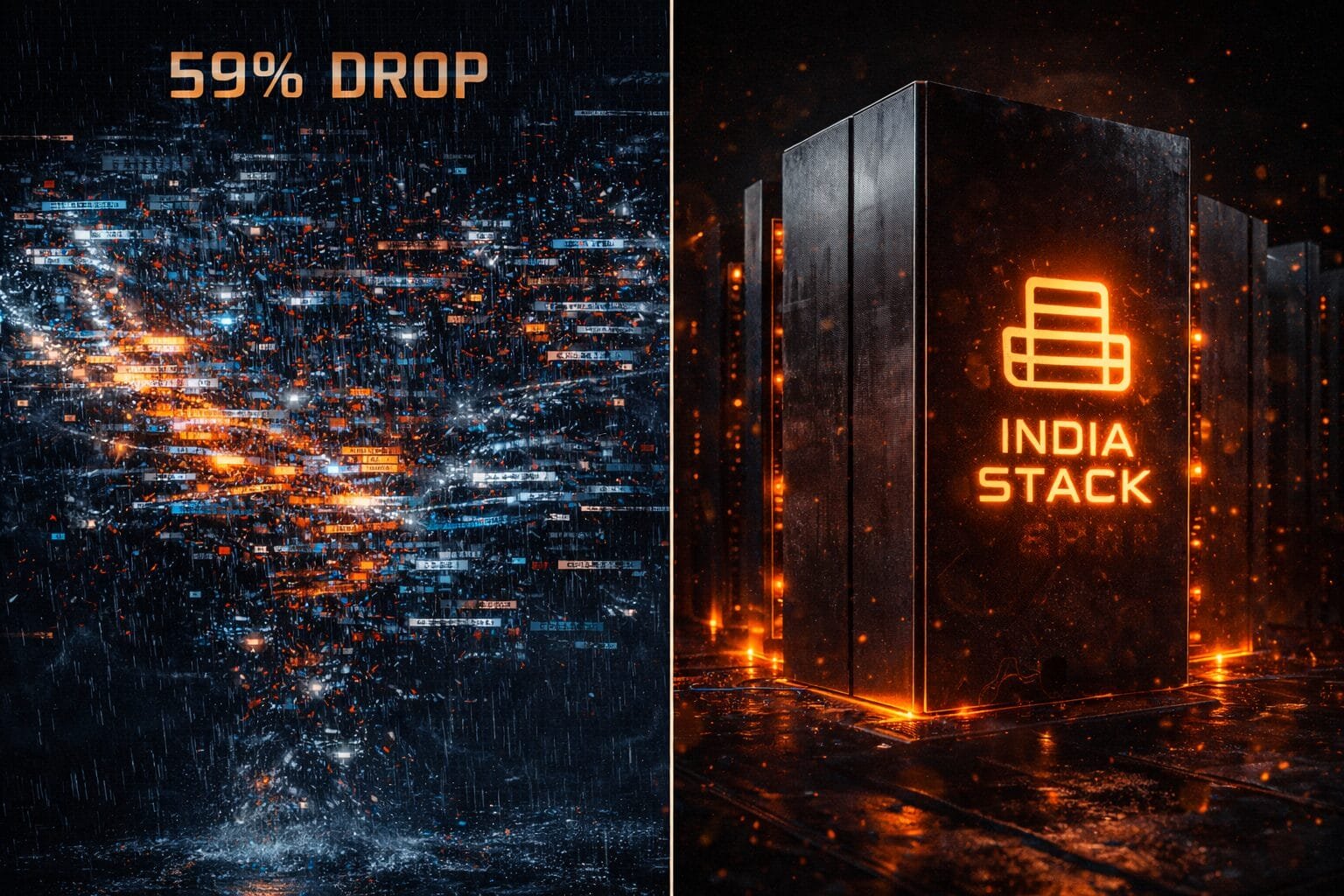 A digital graphic shows a 59% drop on the left with scattered lights, and a glowing "India Stack" icon on a dark server-like structure on the right.