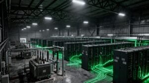 Large industrial data center with rows of server racks, visible green glowing cables, and electrical equipment inside a spacious, high-ceilinged warehouse.