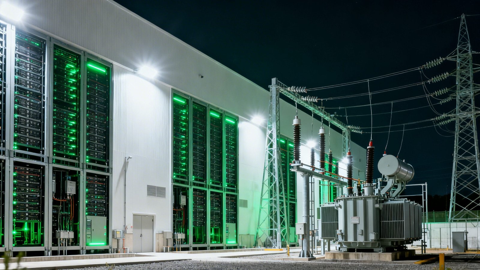 A modern data center building with illuminated green server racks stands next to an electrical transformer and high-voltage power lines at night.