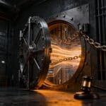A large open vault door with glowing digital data streams inside, secured by chains, and a judge's gavel placed in front.