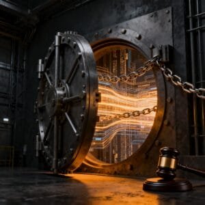 A large open vault door with glowing digital data streams inside, secured by chains, and a judge's gavel placed in front.