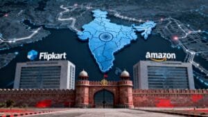 A digital map of India appears above the Red Fort, flanked by Flipkart and Amazon logos on modern buildings, symbolizing e-commerce presence in India.