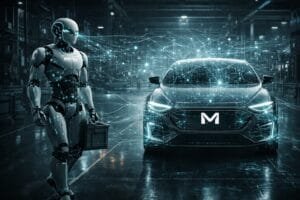 A humanoid robot holding a toolbox stands beside a sleek car with digital network graphics overlaying both, in a futuristic industrial setting.