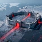 A digital illustration of a fortified castle with glowing red gates, positioned on a world map with highlighted network lines, symbolizing global cybersecurity.