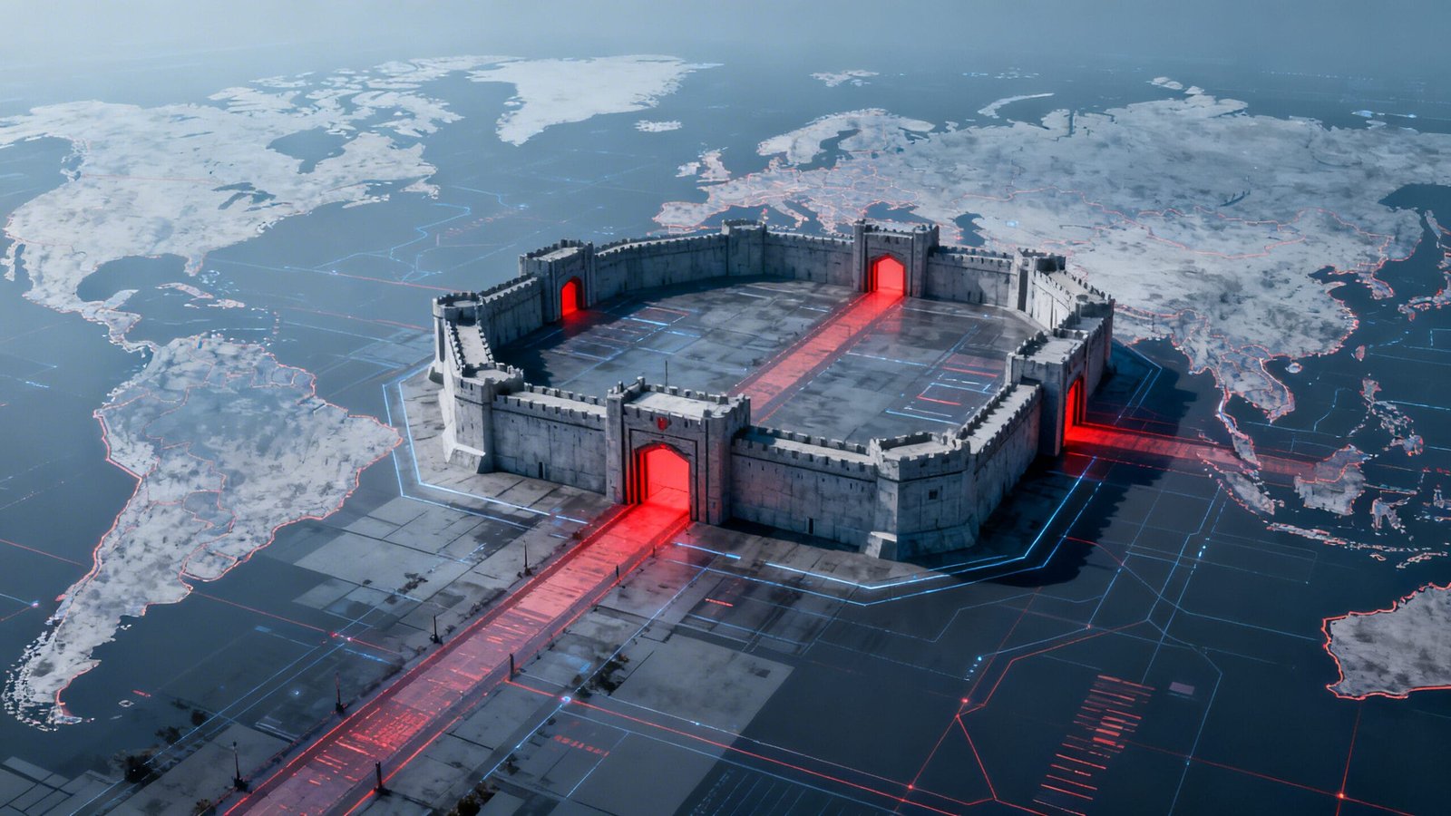A digital illustration of a fortified castle with glowing red gates, positioned on a world map with highlighted network lines, symbolizing global cybersecurity.