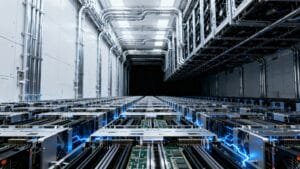 Rows of computer servers with illuminated components and overhead piping are arranged in a modern, high-tech data center facility.