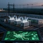 A power plant with solar panels and electrical transformers emitting sparks, viewed from a control panel displaying a digital map and system data.