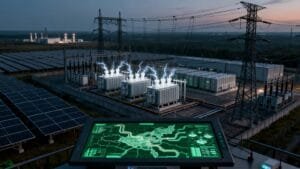 A power plant with solar panels and electrical transformers emitting sparks, viewed from a control panel displaying a digital map and system data.