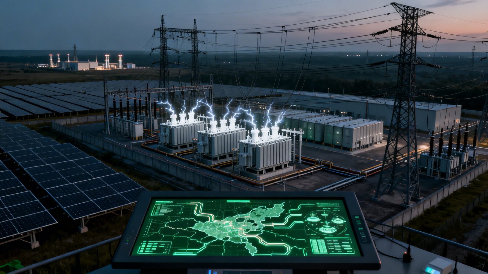 A power plant with solar panels and electrical transformers emitting sparks, viewed from a control panel displaying a digital map and system data.