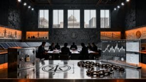 A group of people in business attire meet at a conference table; in the foreground are a lockbox, chain, and charts, with government buildings visible through large windows.