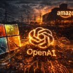 Microsoft, OpenAI, and Amazon logos glow with digital circuitry in a dark, industrial landscape with power lines and a sunset sky in the background.