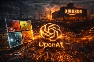 Microsoft, OpenAI, and Amazon logos glow with digital circuitry in a dark, industrial landscape with power lines and a sunset sky in the background.